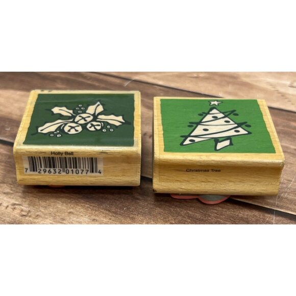 VAP SCRAP WOOD MOUNTED RUBBER STAMP SET CHRISTMAS TREE HOLLY BERRY - Picture 2 of 4